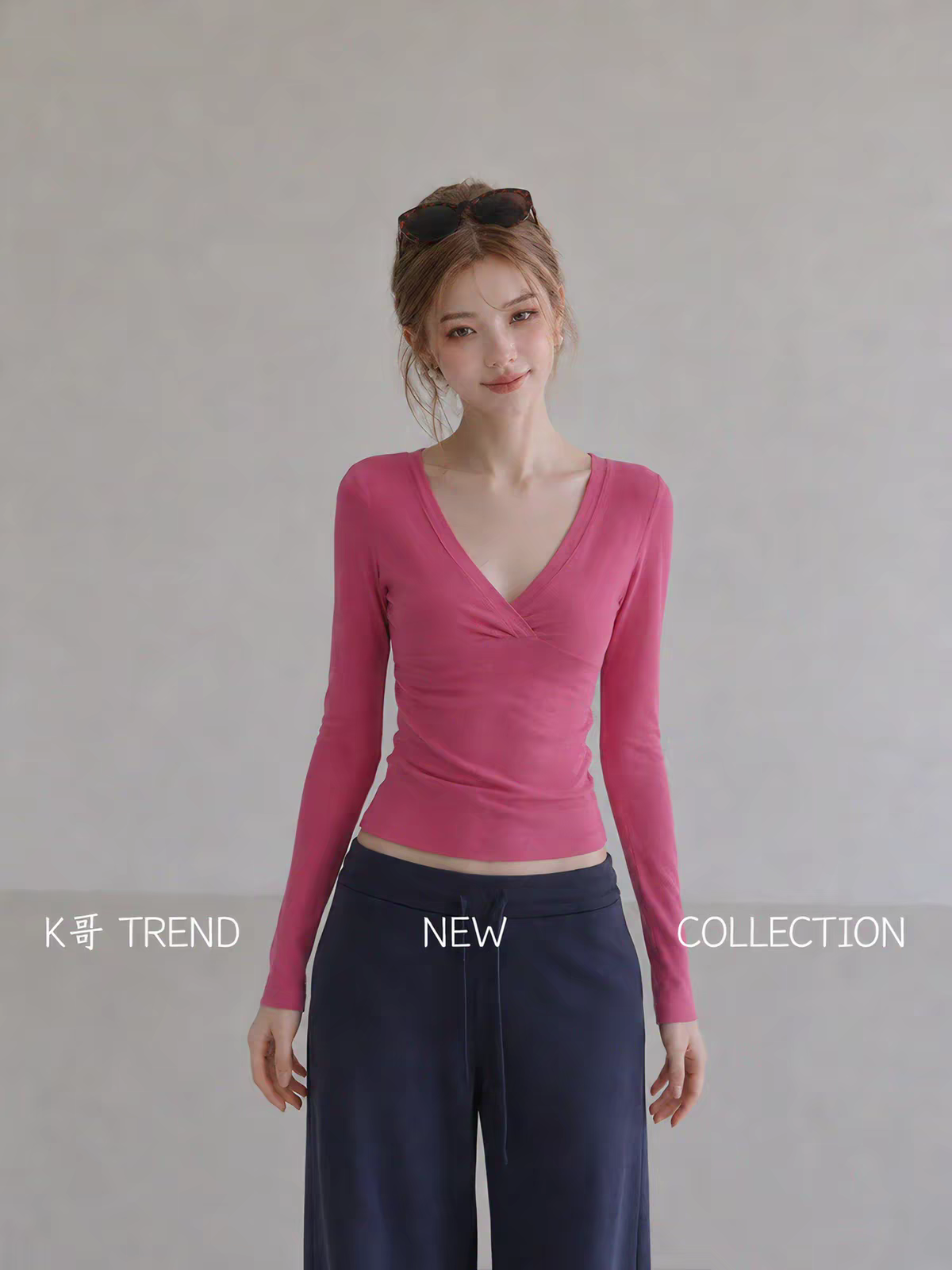 Korean Style Rose Red Deep V Neck Long Sleeve Women’s Top Early Autumn New Light Mature Commuter