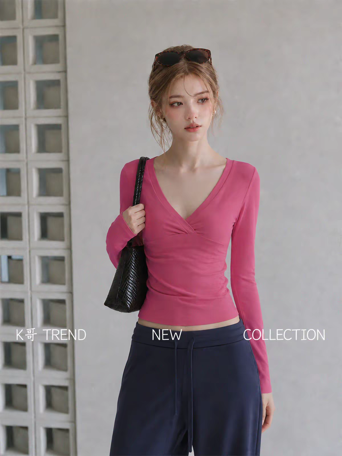 Korean Style Rose Red Deep V Neck Long Sleeve Women’s Top Early Autumn New Light Mature Commuter