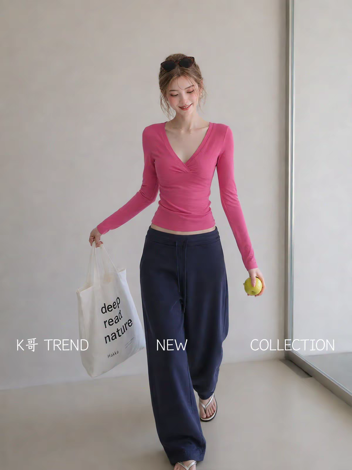 Korean Style Rose Red Deep V Neck Long Sleeve Women's Top Early Autumn New Light Mature Commuter - Image 4