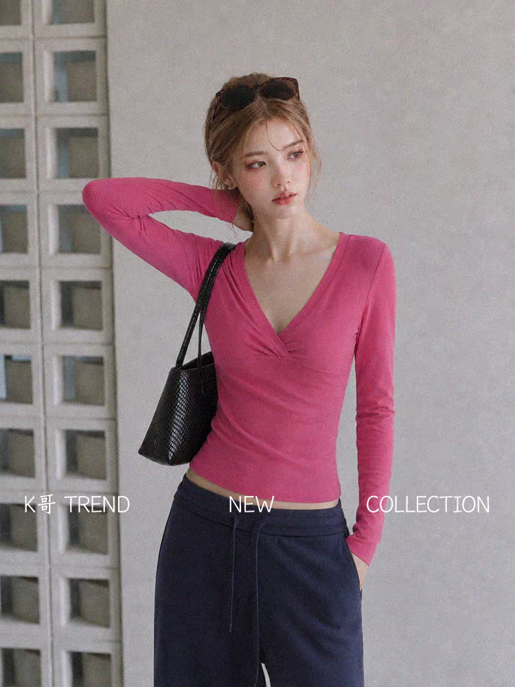 Korean Style Rose Red Deep V Neck Long Sleeve Women's Top Early Autumn New Light Mature Commuter - Image 3